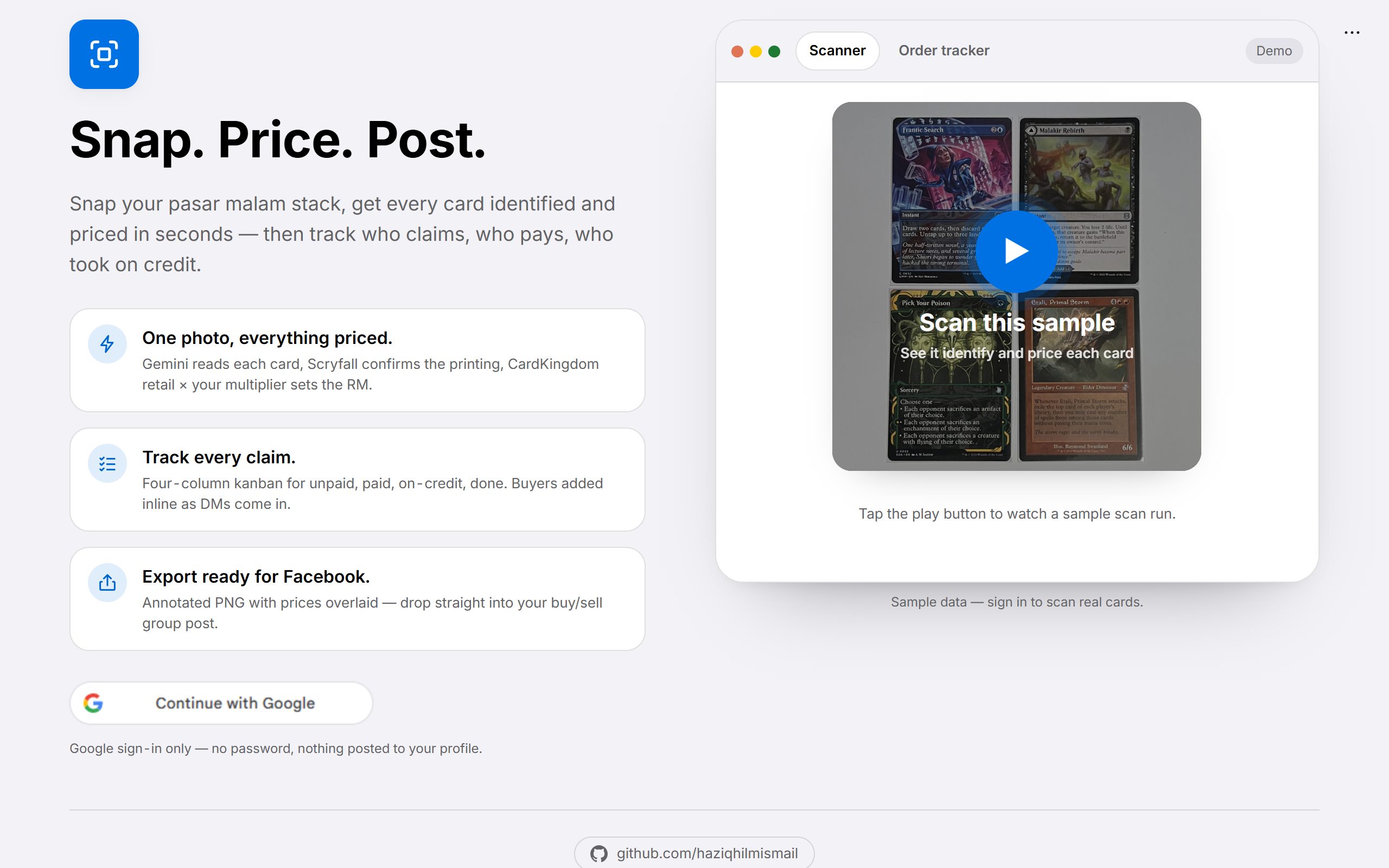 MTG Card Scanner sign-in page with the heading Snap. Price. Post. and a sample scan of four cards